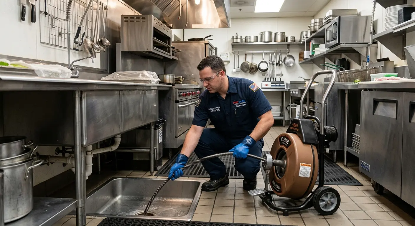 Commercial drain cleaning service in a restaurant kitchen in Vernon