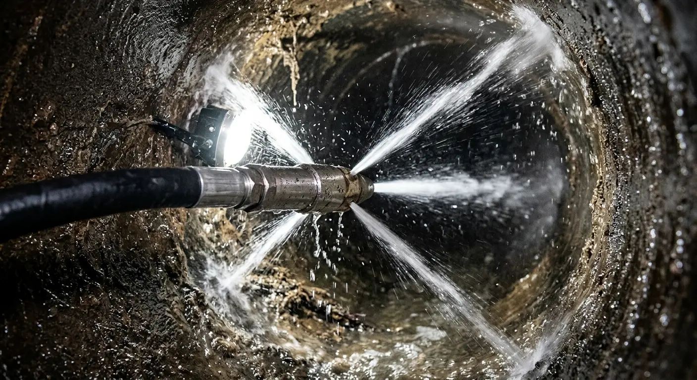High-pressure hydro jetting nozzle cleaning sewer pipe for Trenchless Sewer Repair in Vernon